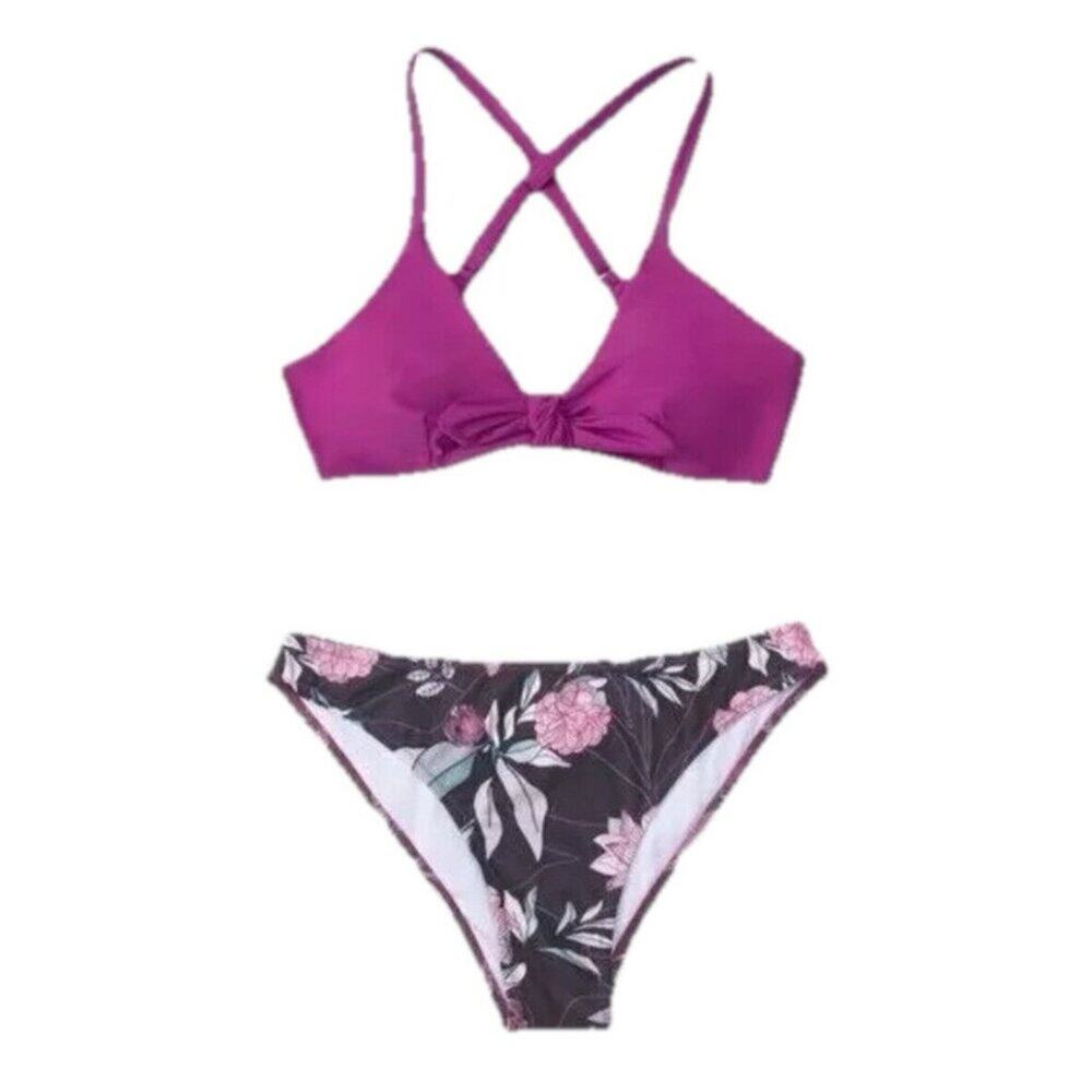 Cupshe Women Purple Floral Bikini Set Bralette V Neck Crossback S NWT